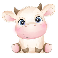 Cute cow farm animal watercolor illustration