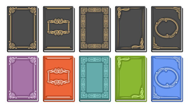 Vector Book Cover Set, lot collection of cut out illustrations of variety colorful books, different vintage textbooks for library, group of paper books with pale golden color decor on white background
