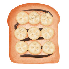 Cute breakfast bread set with jam and chocolate and fresh fruit in watercolor style.