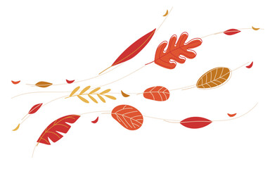 Autumn wind. Leaves flying. Hand drawn autumn vector illustration. Leaves Falling. Leaf sketch icon symbols isolated on white background. Natural print for harvest festival, Thanksgiving day