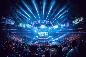 Fototapeta na wymiar E-Sports tournament with a packed stadium - crowd at gaming event focused on center stage - esports arena with big screens - generative ai - 