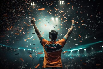 Gamer celebrating his Victory during major E-Sports event - esports Arena with crowd in celebration - orange and teal colors - generative ai - imaginary person