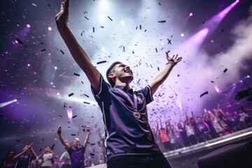 Gamer celebrating his Victory during major E-Sports event - esports Arena with crowd in celebration - purple and white colors - generative ai - imaginary person