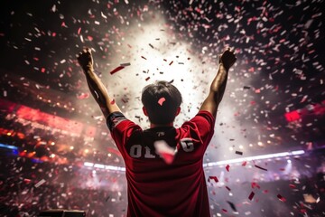 Gamer celebrating his Victory during major E-Sports event - esports Arena with crowd in celebration - red and black colors - generative ai - imaginary person
