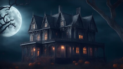 Halloween night scene with haunted house castle. Generative AI