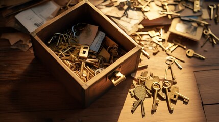 Golden key inside a small wooden box