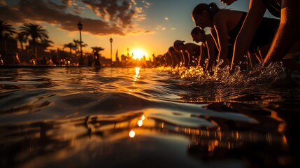 Group of swimmers at the starting blocks