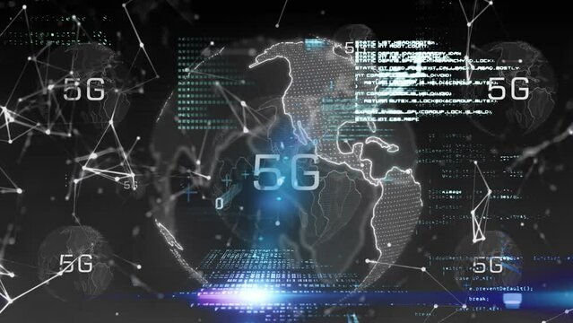 Animation of 5g text, binary codes over globes and computer language against connected dots