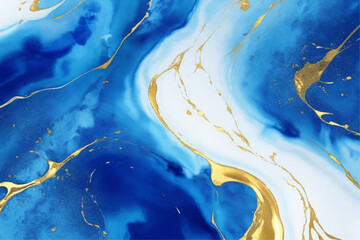 Background blue, abstract background, liquid marble watercolor background with golden lines, stains, splashes of paints 