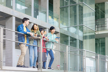 Multinational group talking inside the building. International students.