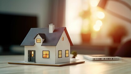 Economy of savings. Business concept of home investment or financial success. Small model house on table background