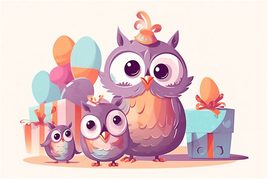 Watercolor illustration of cute owl with colorful balloons. Greeting birthday card, poster, banner for children. Post processed AI generated image.