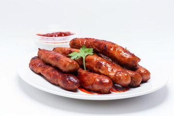 a plate of sausages and hot sauce on a white background