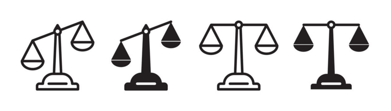 Scale line icon set. Equal or fair justice integrity for humans sign. Legal or law vector icon set. Balance life symbol.