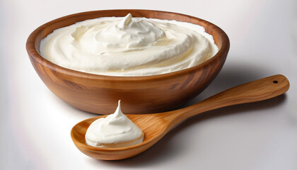 Sour cream in wooden bowl and spoon, mayonnaise, yogurt, isolated on white background