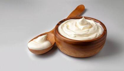 Sour cream in wooden bowl and spoon, mayonnaise, yogurt, isolated on white background
