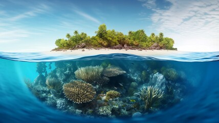 Fototapeta na wymiar Tropical island in the sea and water line with beautiful corals and plants and algae underwater. AI generated