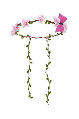 Close-up shot of a handmade wreath decorated with pink flowers, butterflies and twigs. Floral wreath with butterflies for head is isolated on a white background. Front view.