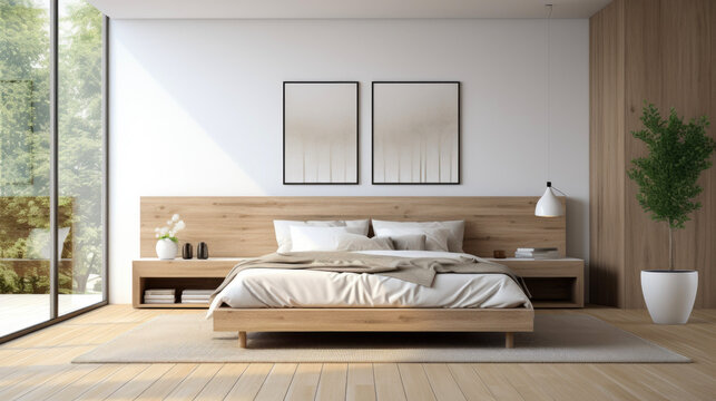 Modern minimalistic style bedroom. Generative AI