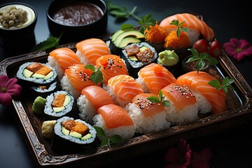 Japanese cuisine. Sushi set on a wooden plate over dark stone background