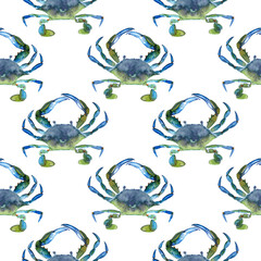Seamless pattern of Hand drawn watercolor blue crab illustration in marine style. Hand painted on white background. For design, prints.