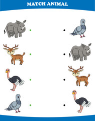 Education game for children connect the same picture of cute cartoon wild animal rhino deer ostrich dove printable