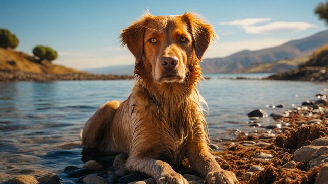 Have fun playing on the beach. Happy dog ​​enjoying the sea. This image embodies the importance of living in the moment and enjoying life's simple pleasures. Generative AI