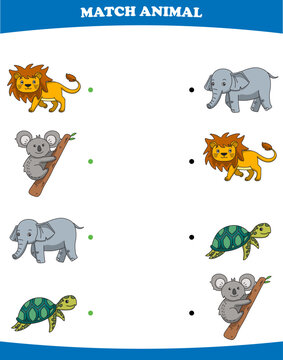 Education game for children connect the same picture of cute cartoon wild animal lion koala elephant turtle printable