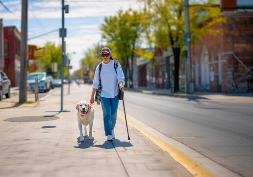 A guide dog helps a woman with poor eyesight walk. Generative AI