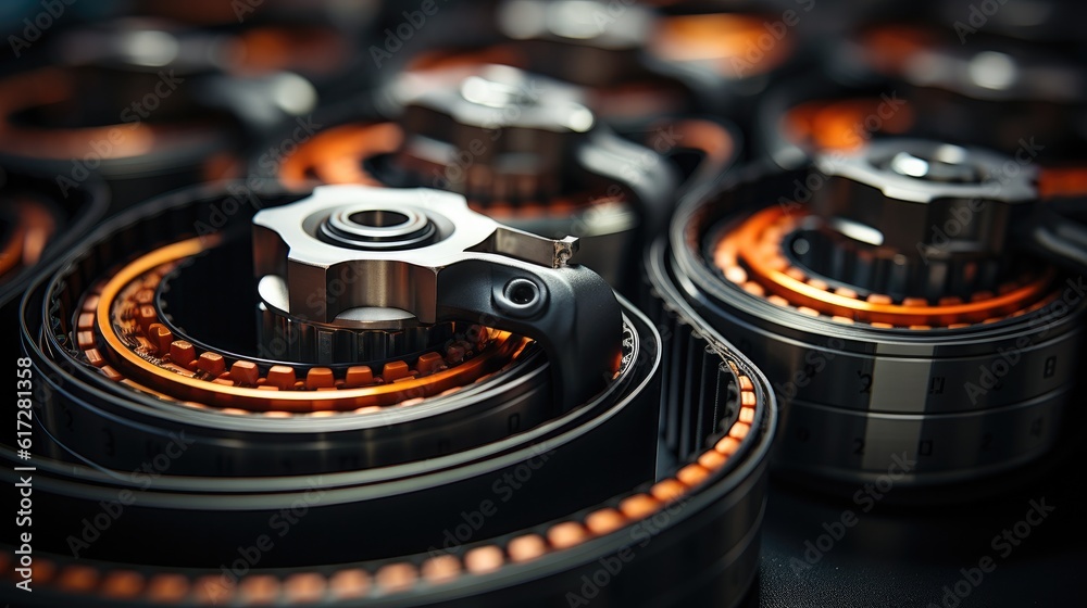 Poster timing chain of engine, close-up of belt drive of diesel engine electric generator during scheduled 