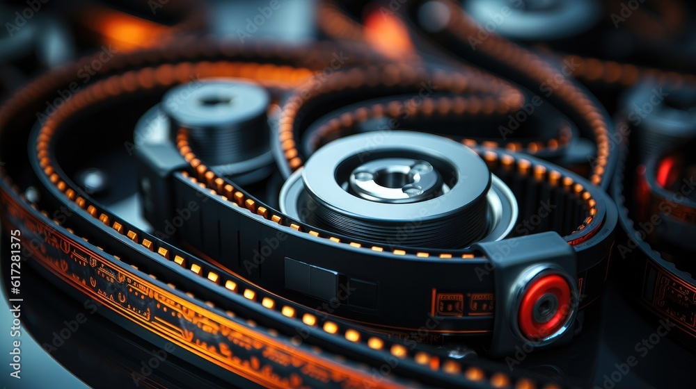 Poster timing chain of engine, close-up of belt drive of diesel engine electric generator during scheduled 