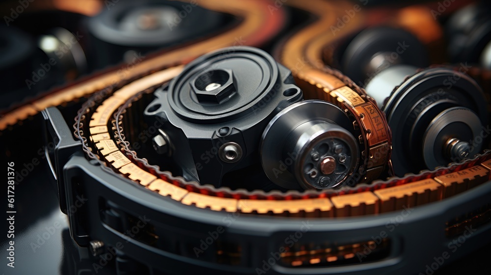 Poster timing chain of engine, close-up of belt drive of diesel engine electric generator during scheduled 