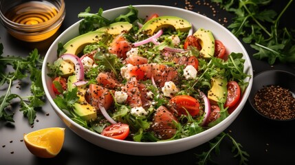 Fresh salad with avocado, shrimps, red tomatoes, arugula, onion and sesame seeds.