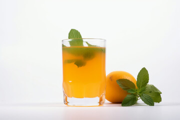 Fototapeta na wymiar a glass of orange juice and mint leaves on a white background