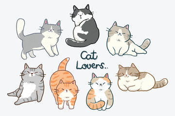 Vector Illustration of Cute Cartoon Cat Characters on Isolated Background