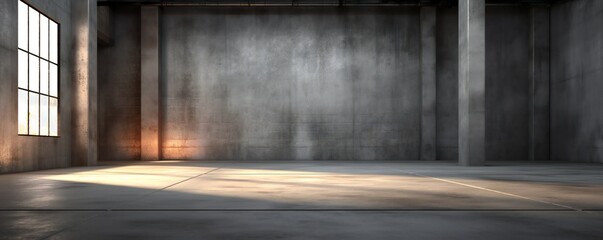 Naklejka premium Website slide backdrop empty dark gray industrial concrete scene with floor and back wall and light rays Generative AI