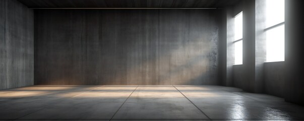 Website slide backdrop empty dark gray industrial concrete scene with floor and back wall and light rays Generative AI