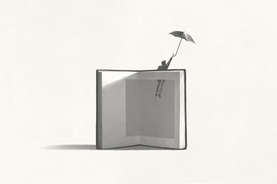 Illustration of man flying out of a book, surreal concept