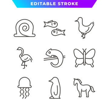 Set of Animal Outline Icon. Snail, Horse, Chameleon, Penguin, Flamingo, Jellyfish, and More. Editable Stroke. Vector Eps 10