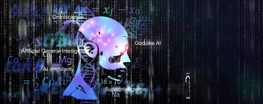 Artificial General Intelligence, AGI concept. AI can learn and solve any human's intellectual tasks. Illustration of Humanoid robot with broad insight and understanding about everything.