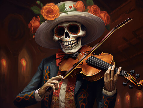 Mariachi, calavera, tradicional, dia de muertos, tocando m&uacute;sica. ai generada