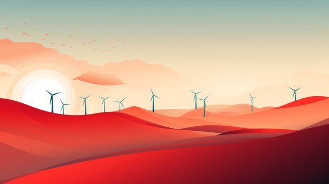 Renewable Horizons: A minimalistic image depicting a stylized sun rising over a landscape of wind turbines, embodying the shift towards renewable energy for social responsibility | generative ai