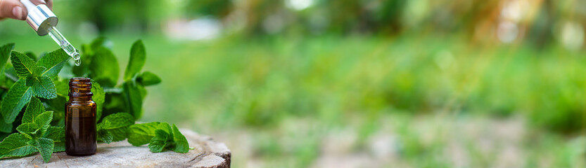 Peppermint essential oil in a bottle. Selective focus.