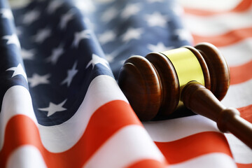 Judge's gavel on the table in focus. Cropped view of Judge's hammer for attention and verdict,...