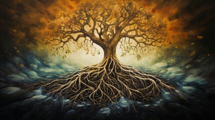 Empowering Roots: An abstract representation of interconnected tree roots growing from diverse sources, symbolizing the empowerment and strength found in unity and responsibility | generative ai