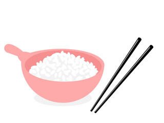Rice bowl icon sign and chopsticks on white background vector illustration. Cute cartoon food.