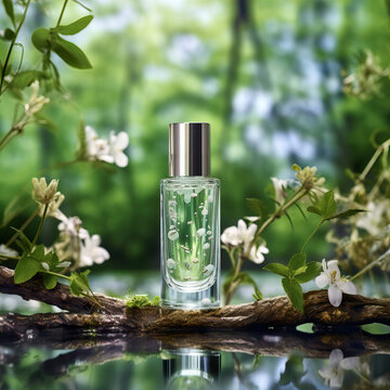 Glass perfume bottle mockup on natural green outdoors botanical background with plants, flowers and wooden elements, beauty product container commercial branding ready template