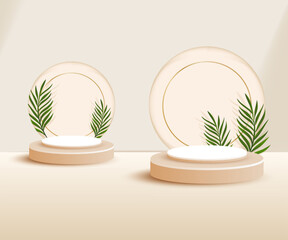 3d product podium and pedestal in beige color with palm leaves. 3d rendering vector background view with podium. To display 3d cosmetic products.