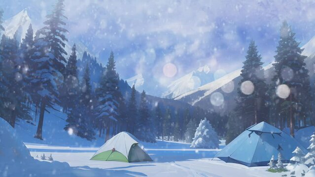 natural scenery of mountains during winter and snowing in Japanese anime or cartoon watercolor painting style. camping and tent adventure atmosphere. seamless and looping animated video.