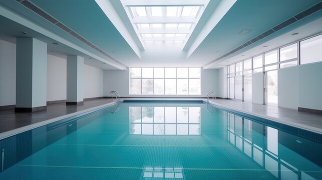Interior of swimming pool in a modern office building with blue tiles, Generative AI